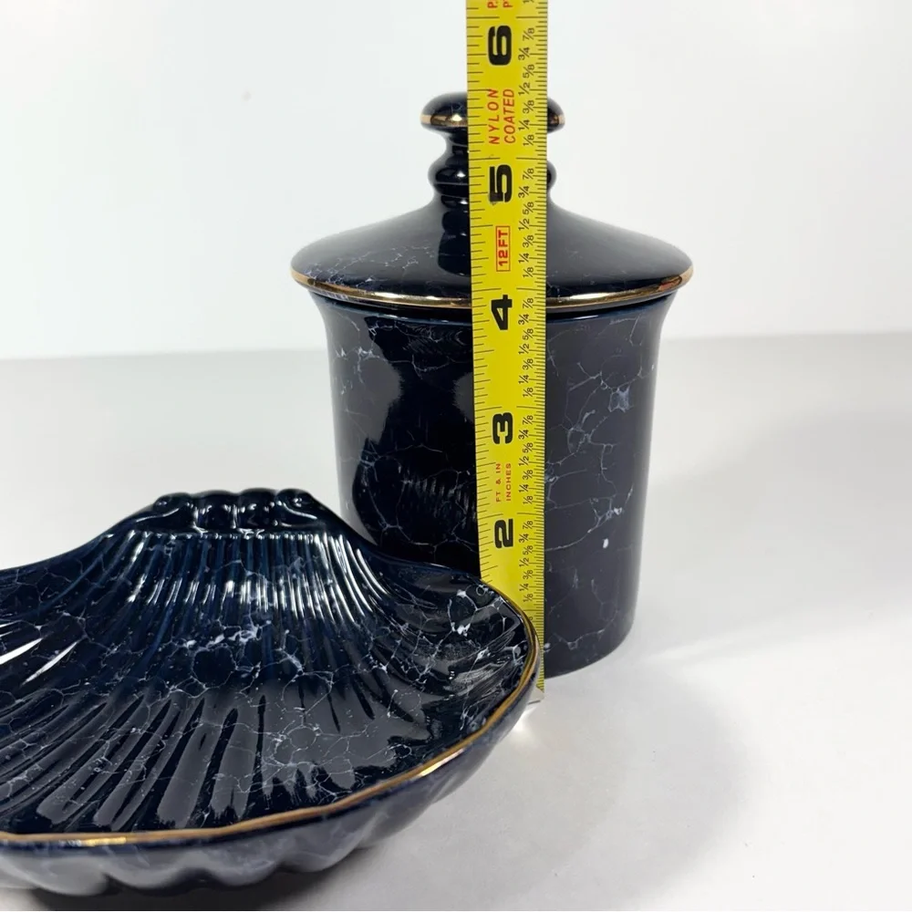 Vtg Ceramic Blue Mirabel Gold Accent Sea Clam‎ Soap Dish Lidded Jar Bathroom Set